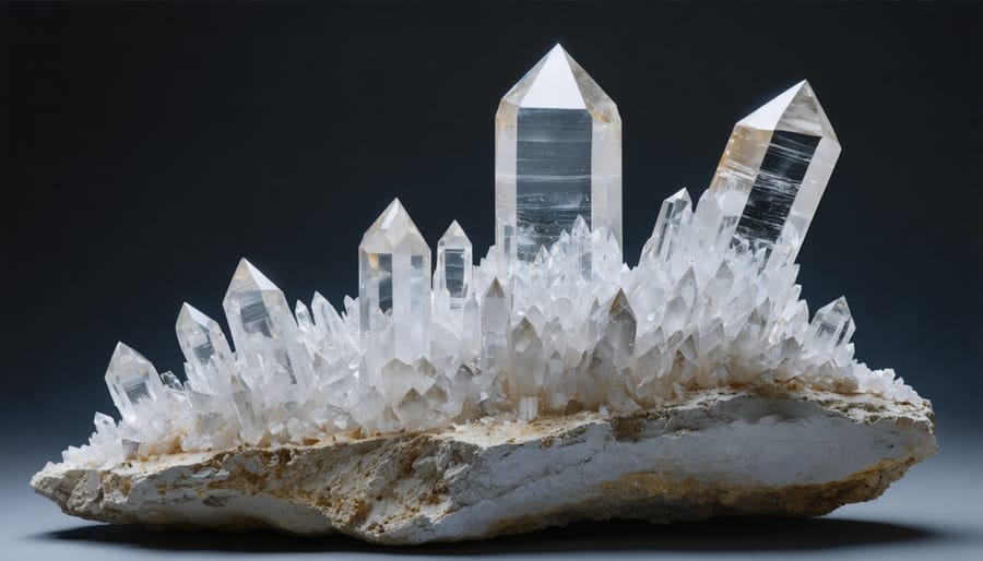 Majestic quartz crystal formation featuring large, clear hexagonal crystals emerging from Earth's crust, illuminated to highlight their intricate structure against a geological backdrop.