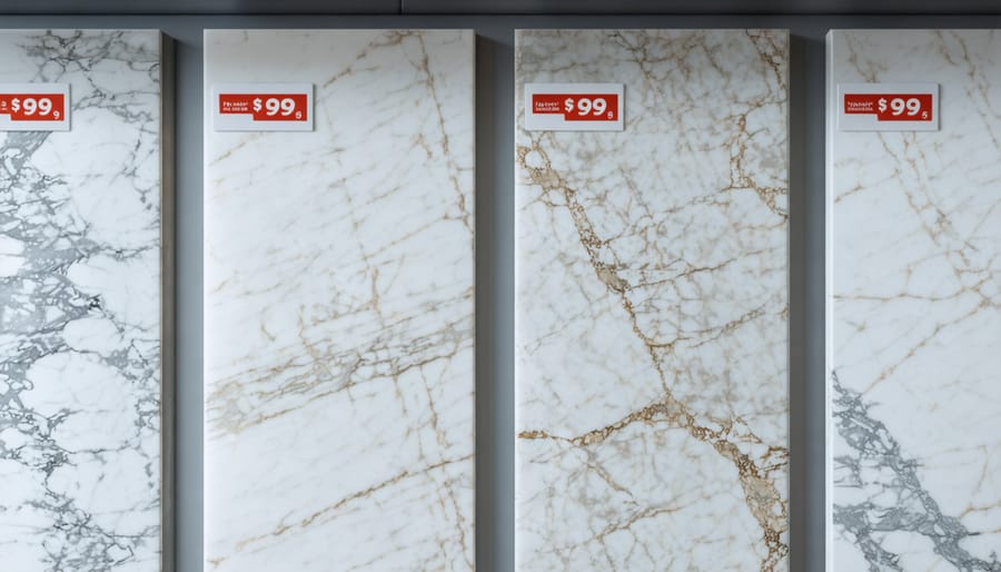 Various marble countertop samples displaying different colors and patterns with price labels