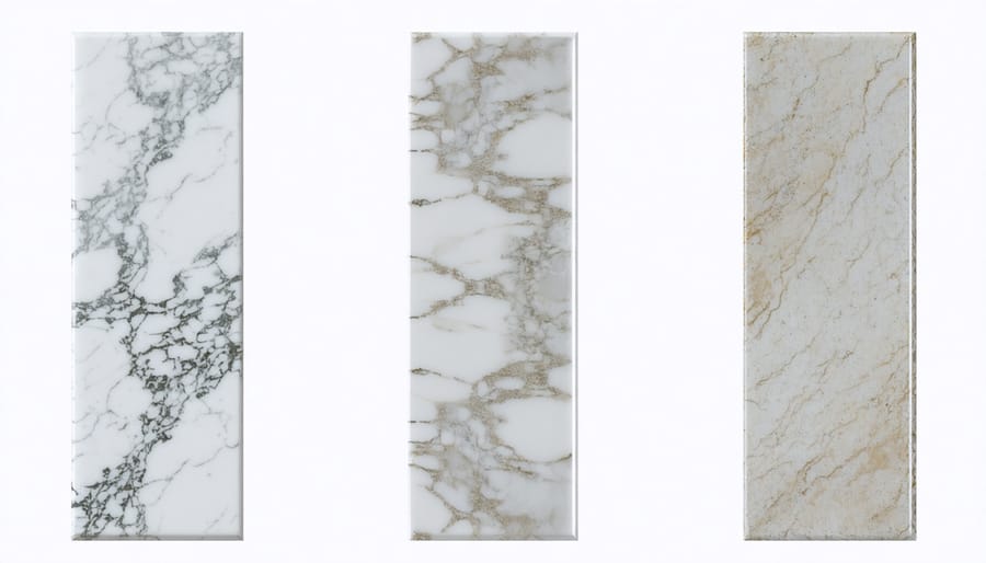 Various marble countertop edge profiles and surface finishes shown in comparison
