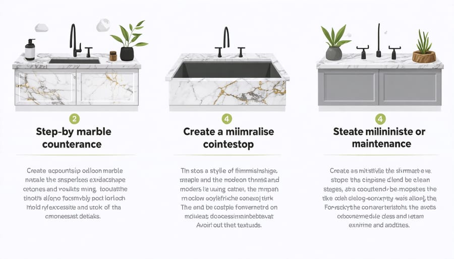 Visual guide demonstrating marble countertop cleaning, sealing, and maintenance steps