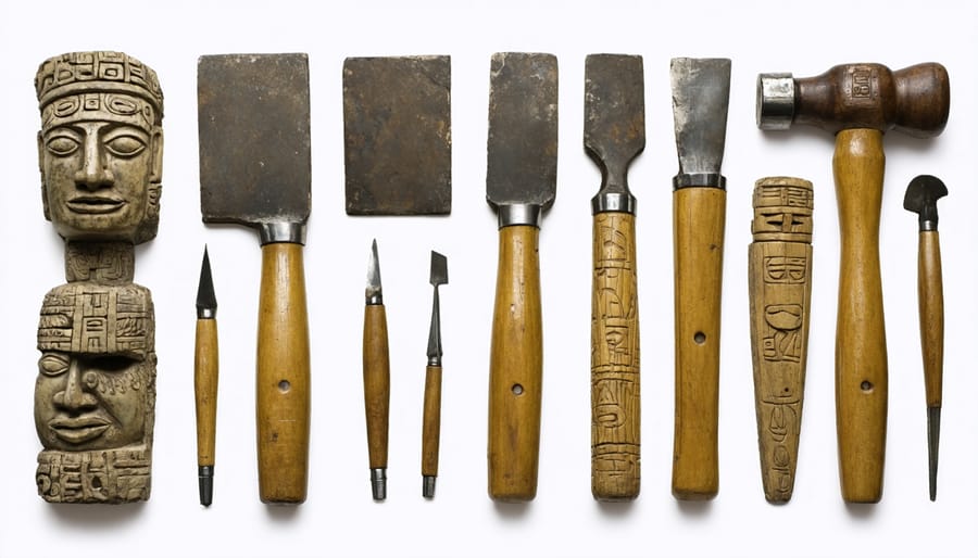 Ancient Mayan stone carving tools and implements with work in progress