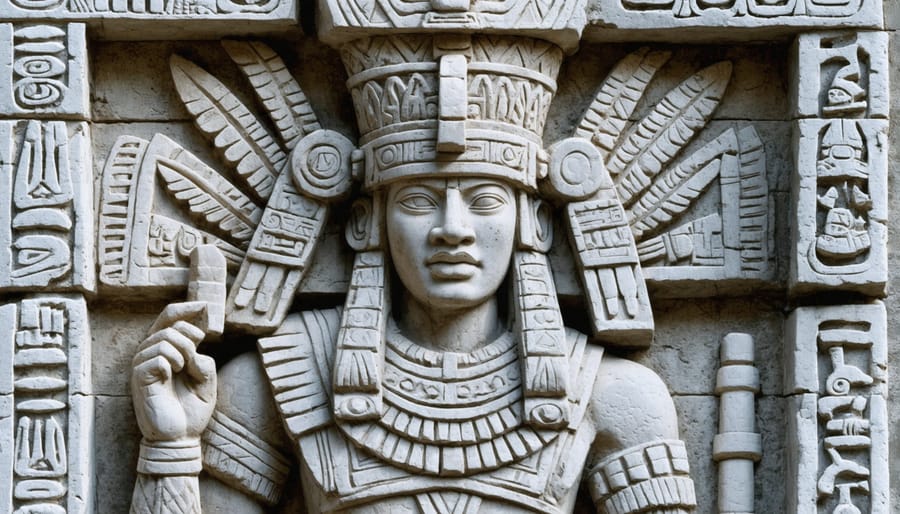 Ancient Mayan limestone relief depicting a crowned ruler with ceremonial ornaments and hieroglyphic inscriptions