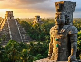 Towering Mayan stone sculpture depicting a regal figure with a ceremonial headdress and jade ornaments against a jungle backdrop with ancient temple silhouettes at sunrise.