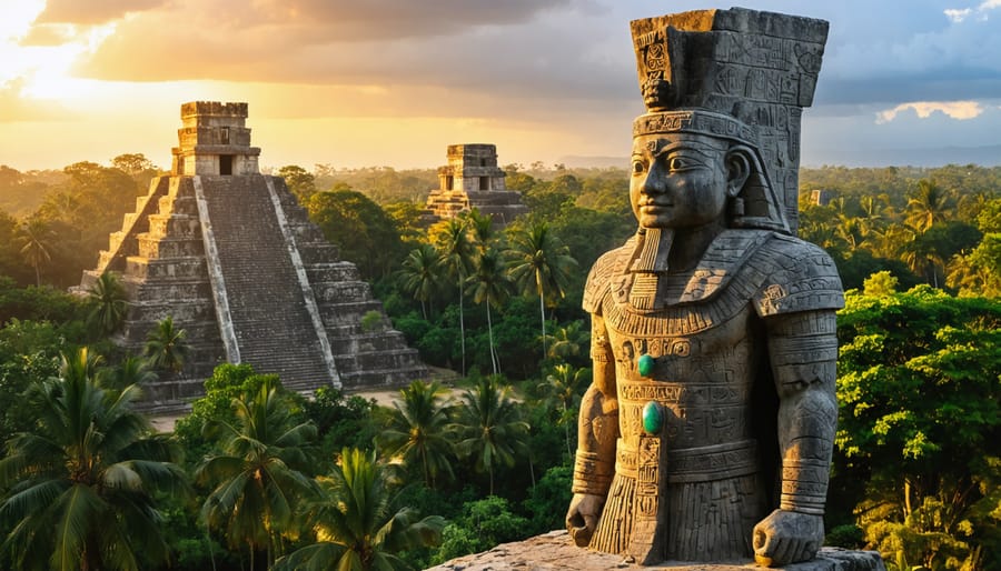 Towering Mayan stone sculpture depicting a regal figure with a ceremonial headdress and jade ornaments against a jungle backdrop with ancient temple silhouettes at sunrise.