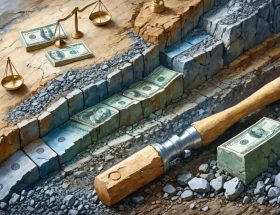 Conceptual illustration showing layers of earth with surface and subsurface mineral rights represented, alongside symbols of currency and legal scales to depict the relationship between natural stone extraction and taxation.