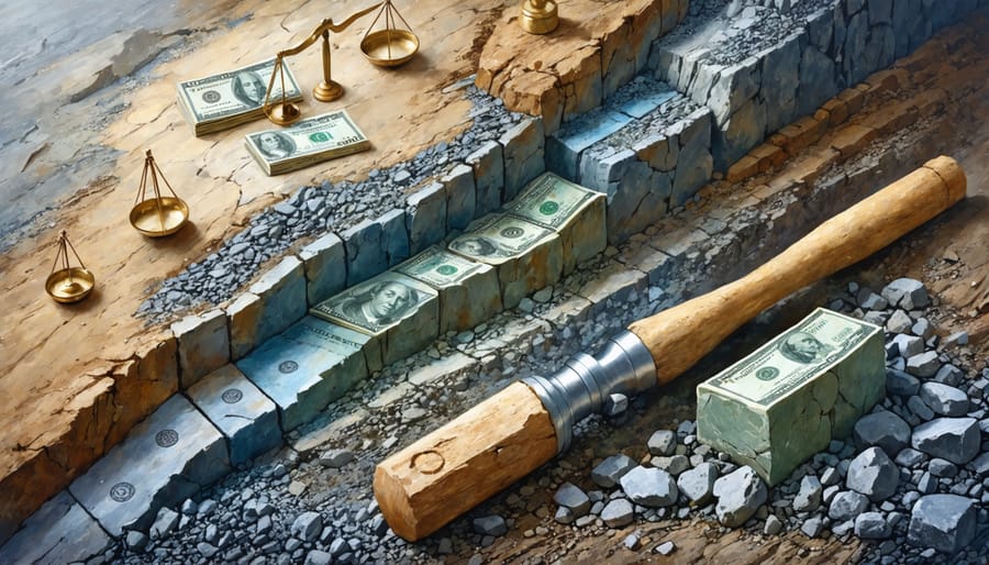 Conceptual illustration showing layers of earth with surface and subsurface mineral rights represented, alongside symbols of currency and legal scales to depict the relationship between natural stone extraction and taxation.