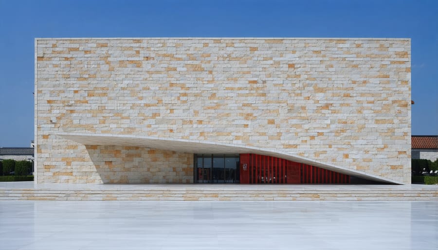 Contemporary building combining modern architecture with traditional stone elements