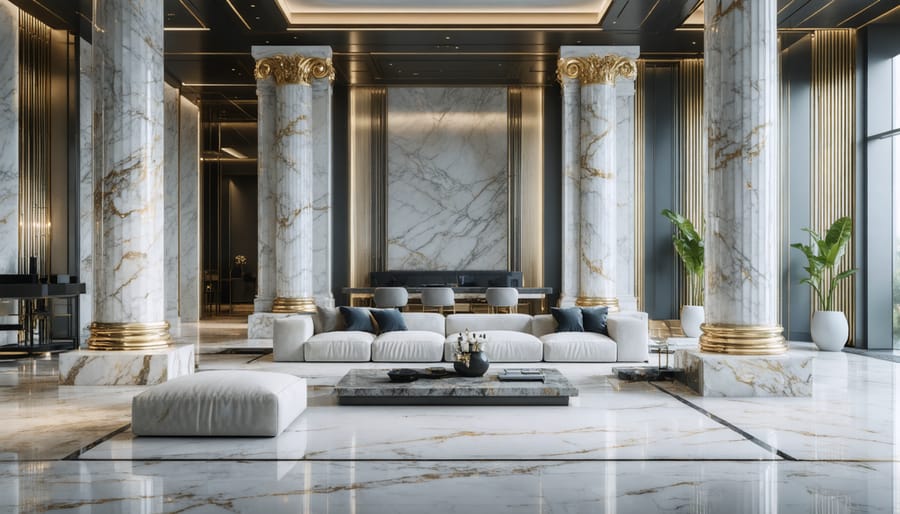White marble columns integrated into a contemporary living space with modern furniture