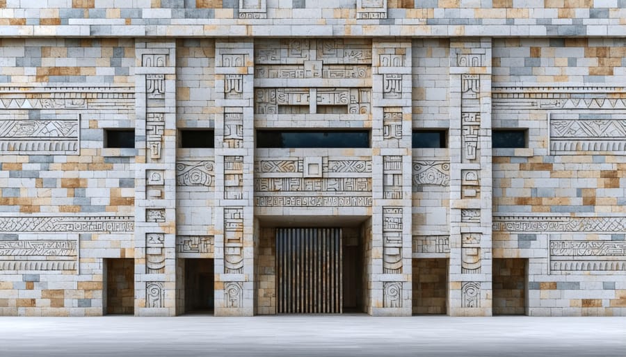 Contemporary building featuring Mayan-influenced stone designs and decorative elements