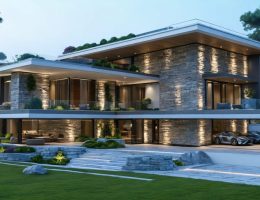 A conceptual visualization of a modern home with a state-of-the-art stone facade, showcasing a ventilated cladding system, integrated smart LED lighting, and sustainable design elements, framed by lush greenery.