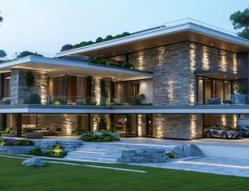 A conceptual visualization of a modern home with a state-of-the-art stone facade, showcasing a ventilated cladding system, integrated smart LED lighting, and sustainable design elements, framed by lush greenery.