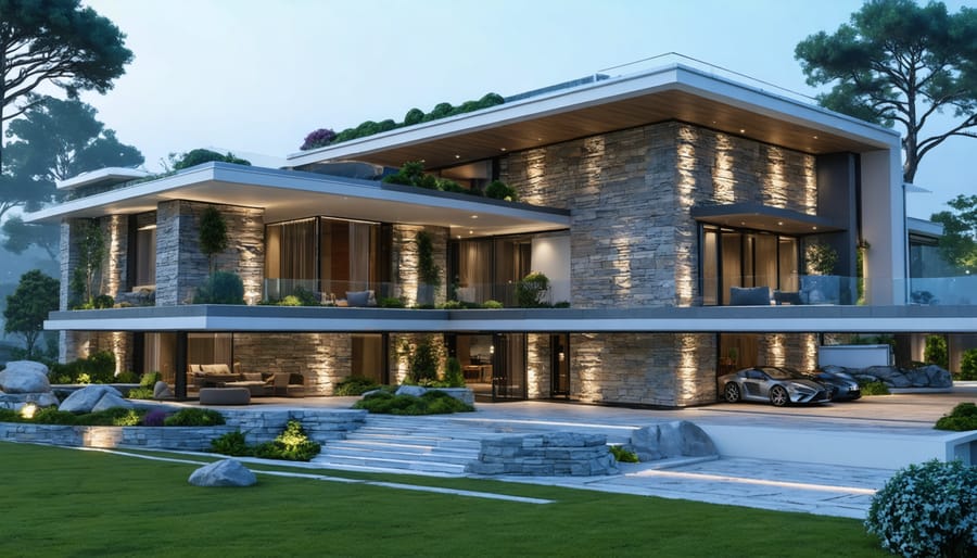 A conceptual visualization of a modern home with a state-of-the-art stone facade, showcasing a ventilated cladding system, integrated smart LED lighting, and sustainable design elements, framed by lush greenery.
