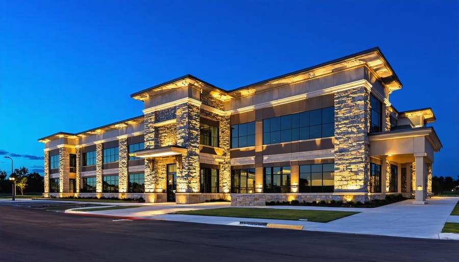 Modern office building exterior featuring stone veneer cladding with architectural nighttime lighting, highlighting the rich texture and contemporary design of the facade.
