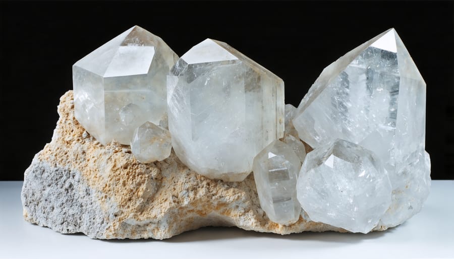 Large transparent quartz crystals with distinct hexagonal shapes inside a geode