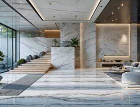A contemporary interior room with natural stone surfaces, featuring visible air quality metrics that highlight the benefits of using natural stone for healthier indoor environments.