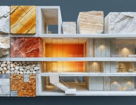 Illustration depicting natural stone's transformation into a sustainable energy solution, featuring a cross-section of stone with thermal properties in a modern eco-friendly building.