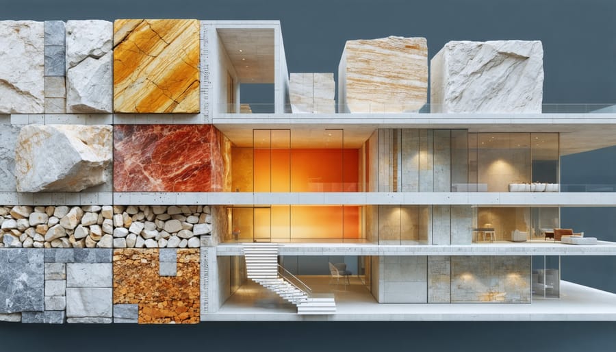 Illustration depicting natural stone's transformation into a sustainable energy solution, featuring a cross-section of stone with thermal properties in a modern eco-friendly building.