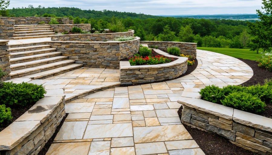 A panoramic view of different natural stone fence styles, including dry-stack, mortared, gabion, boulder, and stone veneer, blending harmoniously with the landscape.