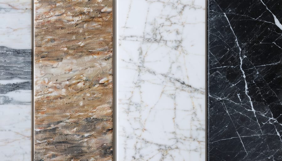 Collection of natural stone countertop samples showing various colors and patterns