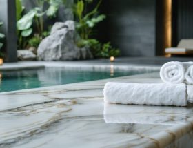Marble treatment table in a serene spa setting with overlayed sound wave patterns, illustrating the integration of vibroacoustic therapy with natural stone.