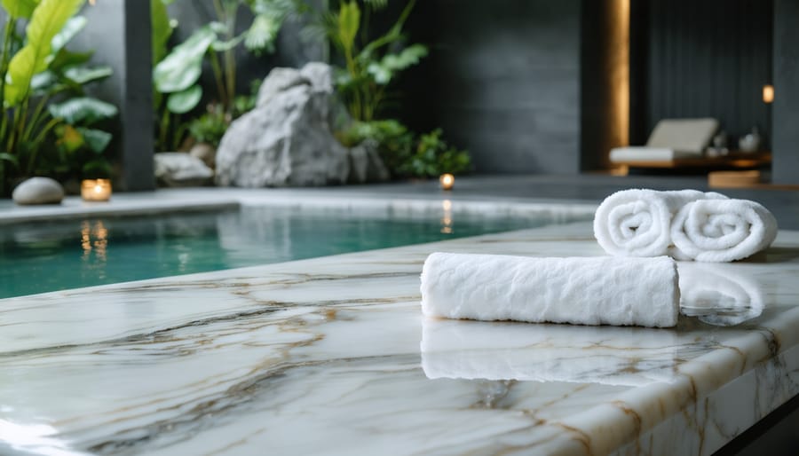 Marble treatment table in a serene spa setting with overlayed sound wave patterns, illustrating the integration of vibroacoustic therapy with natural stone.