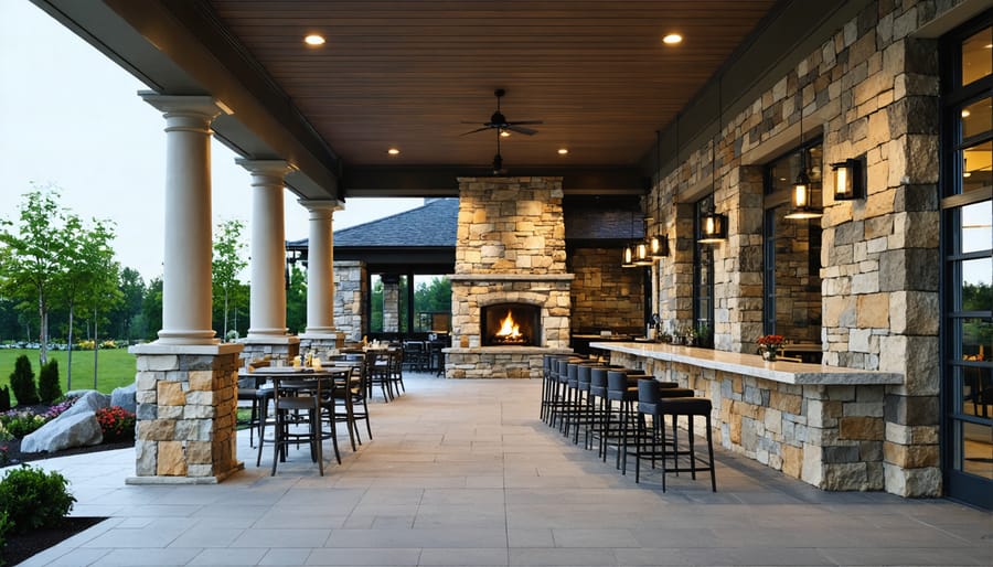 Commercial dining area with stone veneer features including columns and outdoor fireplace
