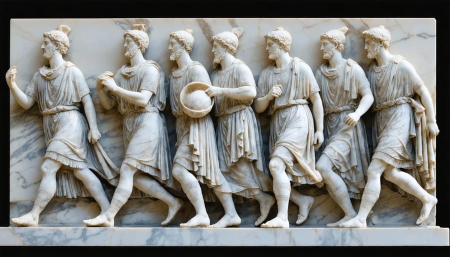 Classical Greek marble frieze depicting detailed human figures in dynamic poses