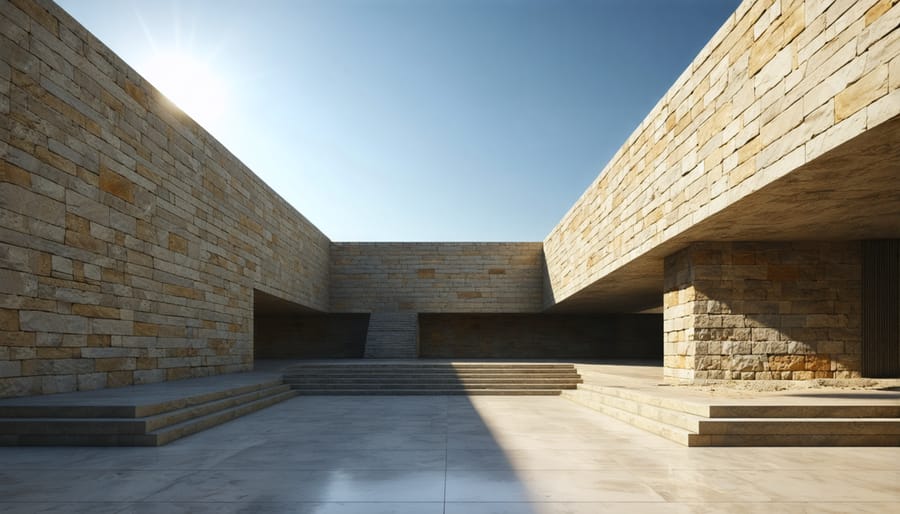 Passive solar design building with natural stone walls and solar path visualization