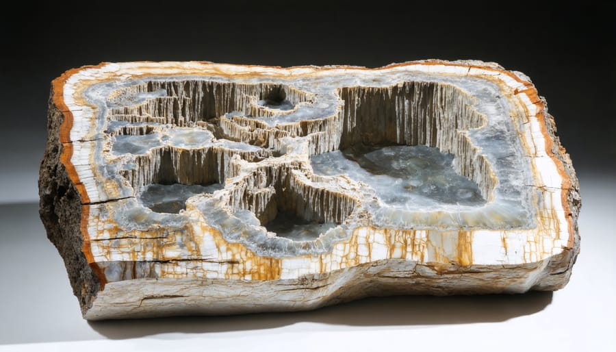 Cross-section of petrified wood displaying preserved cellular patterns through mineral replacement