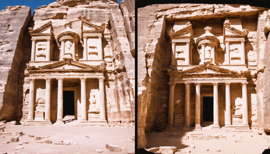 Side-by-side comparison of Petra archaeological site showing actual ruins and detailed 3D digital model