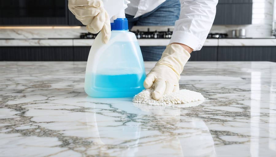 Commercial cleaning professional applying pH-neutral cleaner to marble countertop