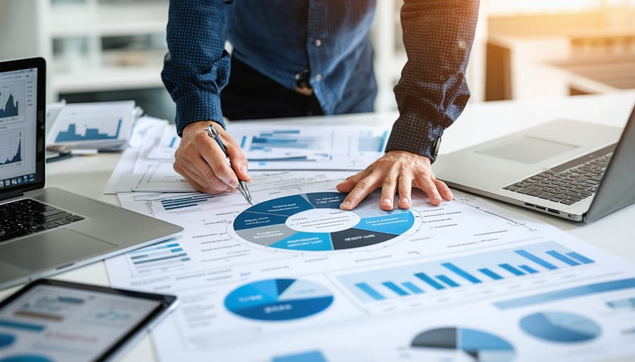 A project manager reviewing blueprints and stone material samples, with cost analysis graphs on screens and a circular diagram illustrating PMI project lifecycle phases for stone projects.