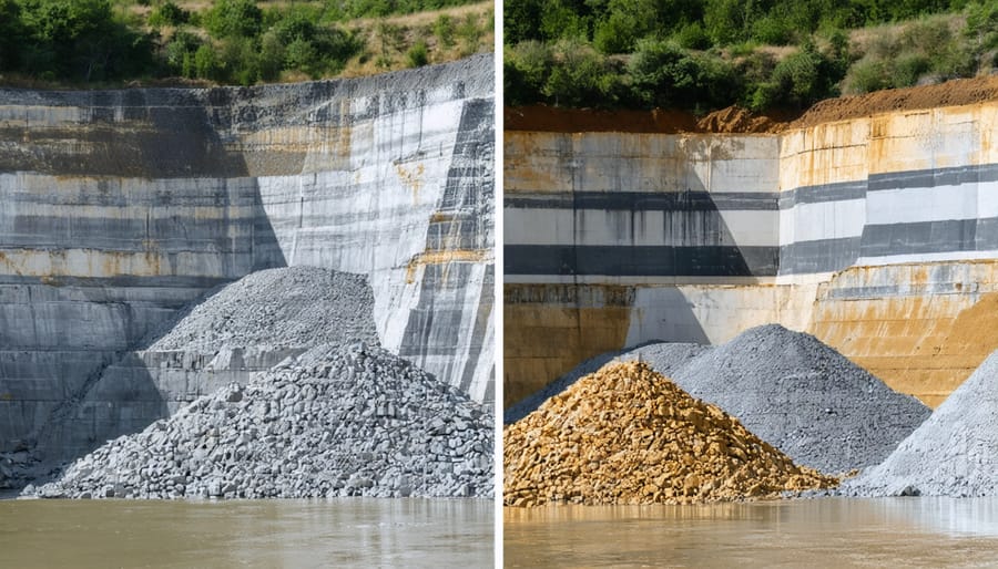 Comparison showing traditional stone quarrying with manual tools on left and modern factor technology equipment on right