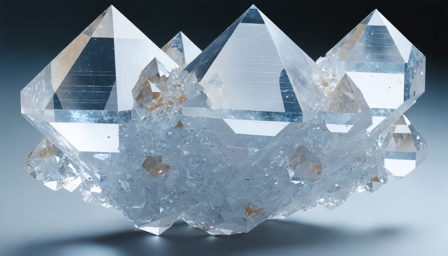 3D molecular diagram of quartz's crystalline structure with silicon and oxygen atoms