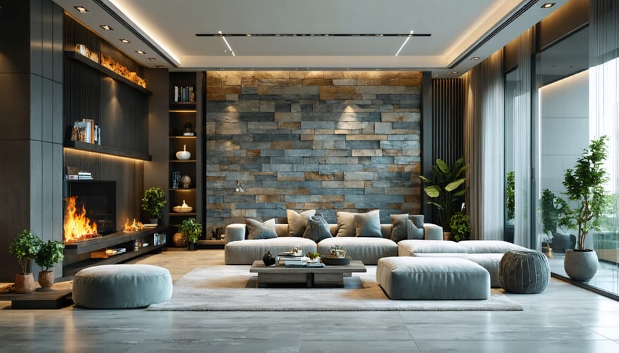 Contemporary residential space showcasing natural stone integration in interior design