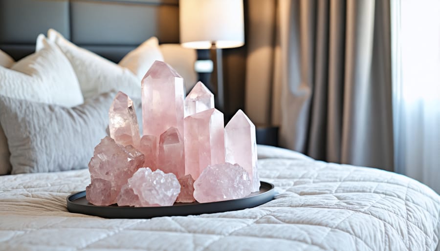 Modern bedroom interior with rose quartz crystals arranged on nightstand creating peaceful atmosphere