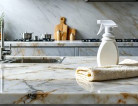 A polished marble and granite kitchen countertop with a pH-neutral cleaner and microfiber cloth, demonstrating effective and protective cleaning solutions for natural stone surfaces.