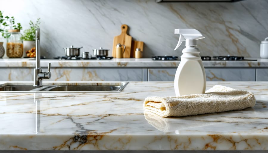 A polished marble and granite kitchen countertop with a pH-neutral cleaner and microfiber cloth, demonstrating effective and protective cleaning solutions for natural stone surfaces.