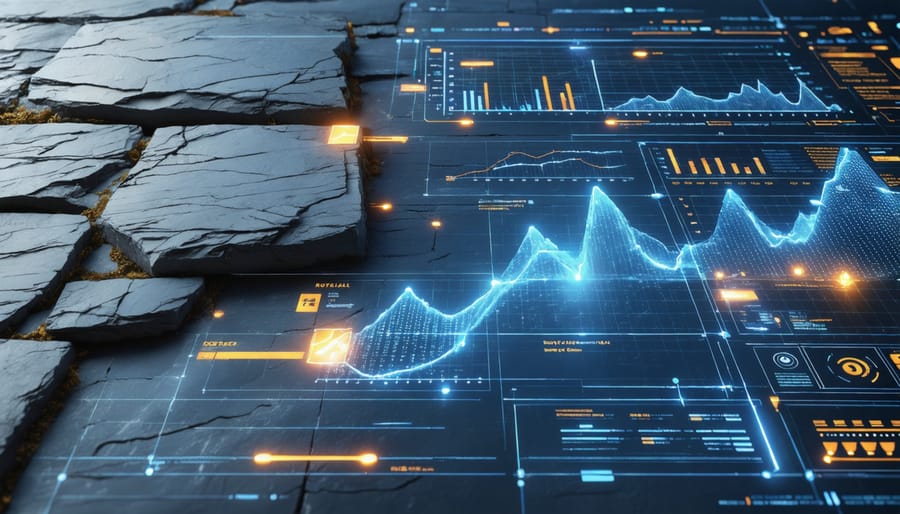 Conceptual representation of AI technology analyzing natural stone surfaces with digital overlays highlighting potential damage areas, illustrating the fusion of traditional materials and modern technology.