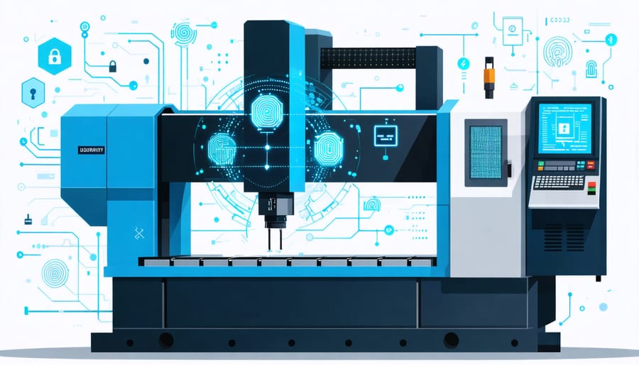 Conceptual illustration showing a CNC stone cutting machine with a digital security interface, incorporating multi-factor authentication elements like biometric fingerprint scans and security tokens.