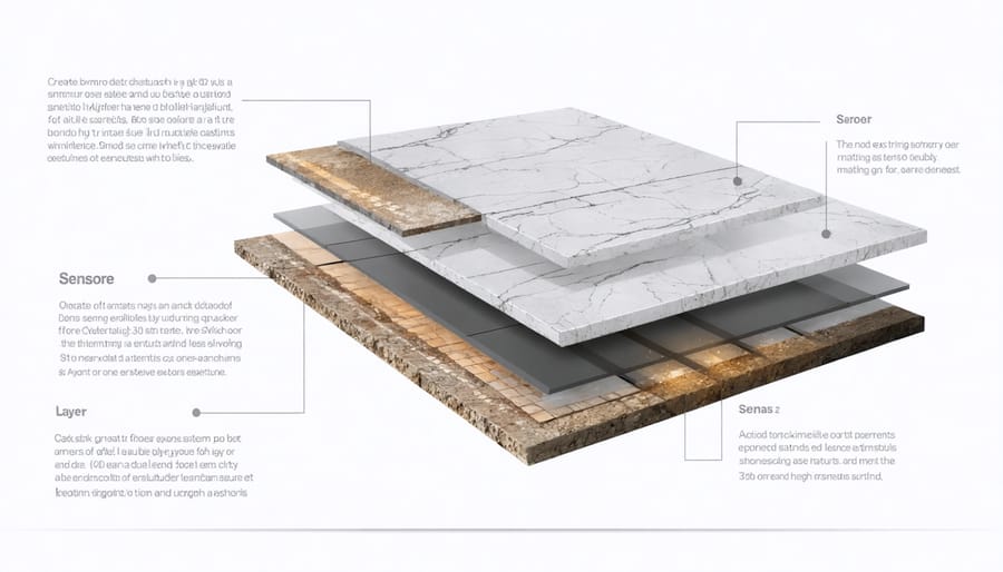 Cross-section diagram of smart stone flooring system components