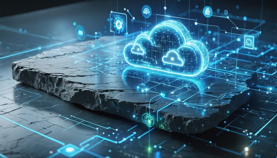 A 3D visualization of a natural stone surface integrated with IoT sensors and digital data streams, representing the use of IoT and cloud computing in stone maintenance.