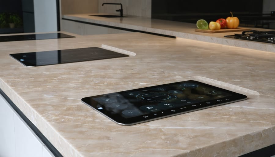 Modern kitchen with smart stone countertop system displaying digital controls