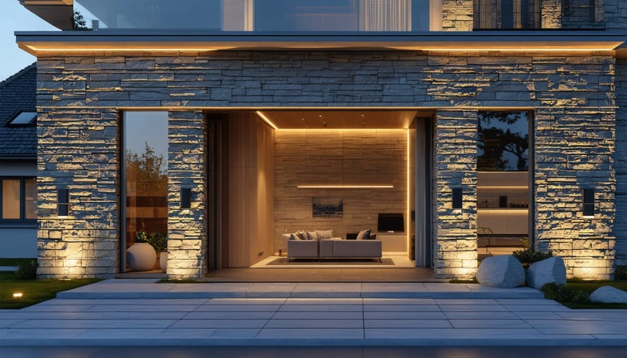 Illuminated stone exterior wall with embedded LED lighting creating dramatic architectural effects