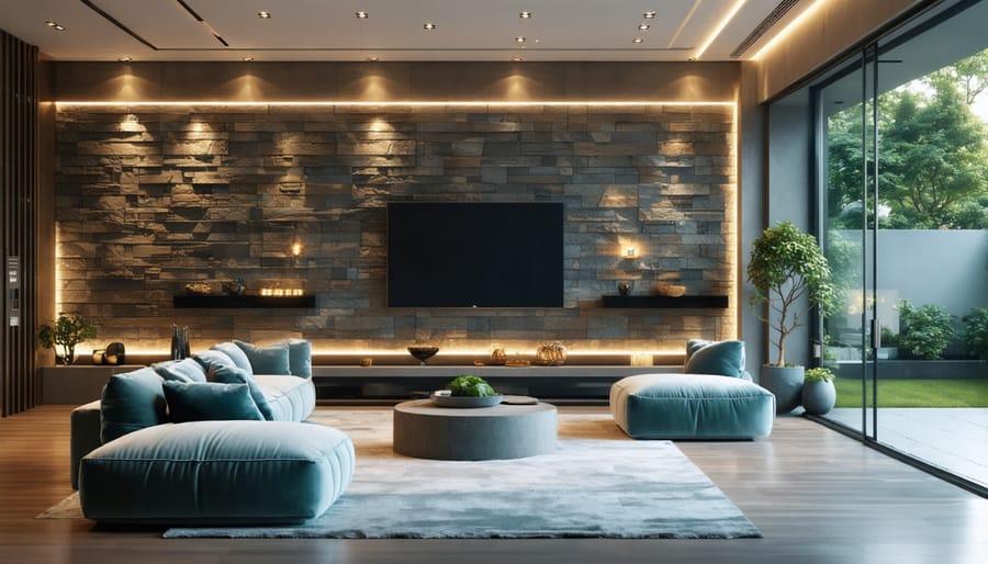 Luxury living room with smart stone wall panels displaying ambient lighting patterns