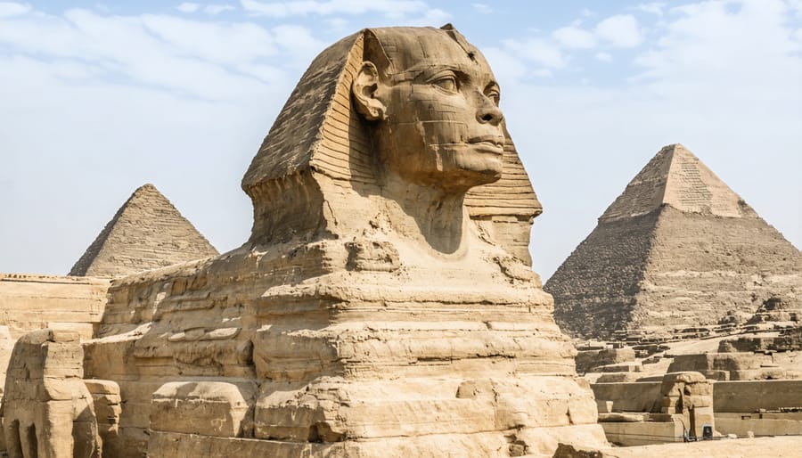 Close-up view of the Great Sphinx's face showing ancient Egyptian stone carving detail