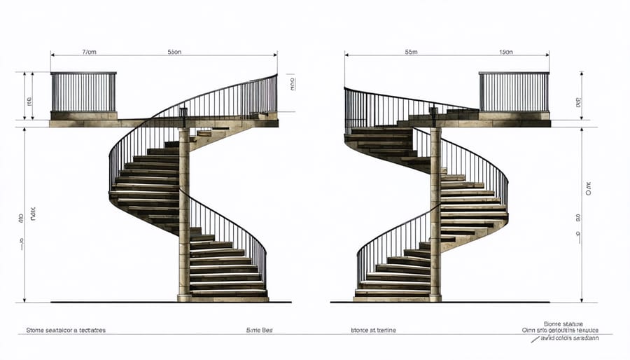 Cross-sectional diagram of stone spiral staircase showing measurements and structural details