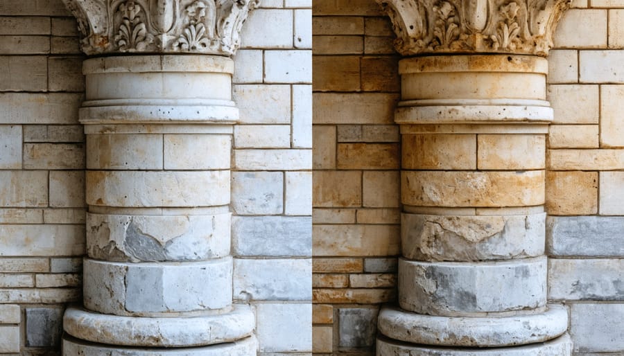 Before and after comparison of traditional versus sustainable stone cleaning methods