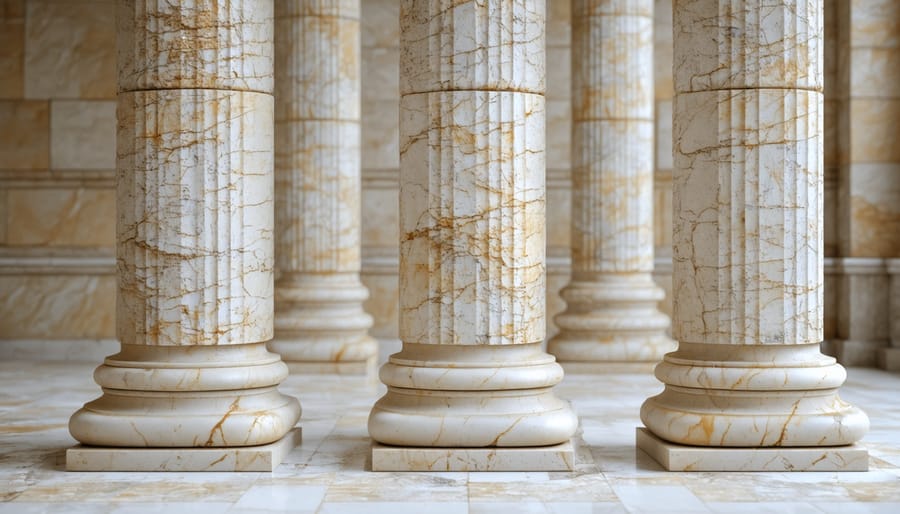 Construction workers installing a large stone column with specialized equipment