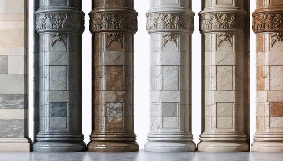 Comparison of marble, limestone, and granite column samples with visible material characteristics